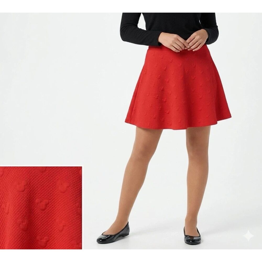 Disney LC Lauren Conrad Skater Skirt Women Sz L Red textured Mickey Mouse ears